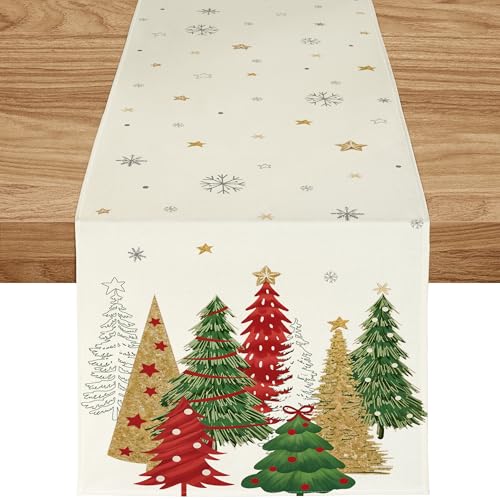 ZWJD Tischläufer Weihnachten 40x180 cm Tischläufer Beige Modern Weihnachtstischläufer Weihnachtsbäumen Schneeflocken Festliche Weihnachtsdeko Tisch für Winter, Feiertage, Esszimmer &Wohnzimmer von ZWJD