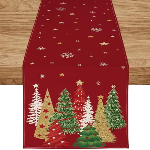 ZWJD Tischläufer Weihnachten 40x300 cm Tischläufer Rot Modern Weihnachtstischläufer Weihnachtsbäumen Schneeflocken Festliche Weihnachtsdeko Tisch für Winter, Feiertage, Esszimmer &Wohnzimmer von ZWJD