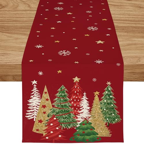 ZWJD Weihnachts Tischdeko Set 1x Tischläufer 40x240 cm, 8X Platzsets & 2X Packung Papierservietten (40 Stück) Rot mit Weihnachtsbaum & Schneeflocken Festliche Deko für Winter, Esszimmer & Wohnzimmer von ZWJD