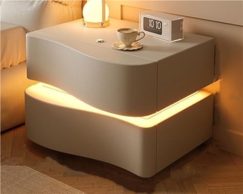 ZWLGZL Nachttisch mit LED-Licht, Nachttisch mit 2 Schubladen, Nachttisch aus Holz, Nachttisch für Schlafzimmer, Möbel (Farbe: Khaki, Größe: 40,9 x 40,4 x 50 cm) von ZWLGZL