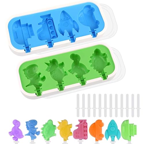 ZWLIYCHN Silikon Popsicle Formen mit Deckel 2 Pack 4-Hohlraum Kinder Cartoon Popsicle Form Wiederverwendbar Lebensmittelqualität Eis Pop Creme Formen mit Stick von ZWLIYCHN