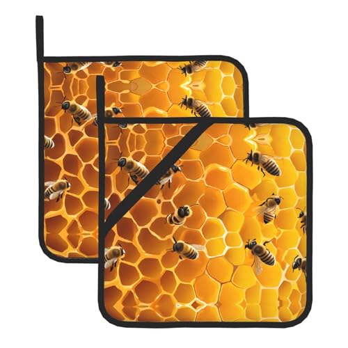 Bee On Comb Topflappen-Set, hitzebeständige und wasserdichte Küchenhandschuhe mit Aufbewahrungsseil für Mikrowelle, Herd und Grillen im Freien von ZWLPNZZD