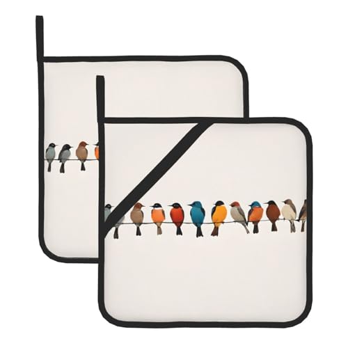 Bunte Topflappen-Sets mit Vogeldruck, hitzebeständig und wasserdicht, Küchenhandschuhe mit Aufbewahrungsseil für Mikrowelle, Herd und Grillen im Freien von ZWLPNZZD
