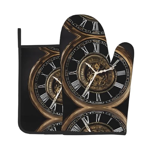 Clock Gear Ofenhandschuhe und Topflappen-Set, wasserdichte Küchenhandschuhe mit Aufbewahrungsseil für Mikrowelle, Herd und Grillen im Freien von ZWLPNZZD
