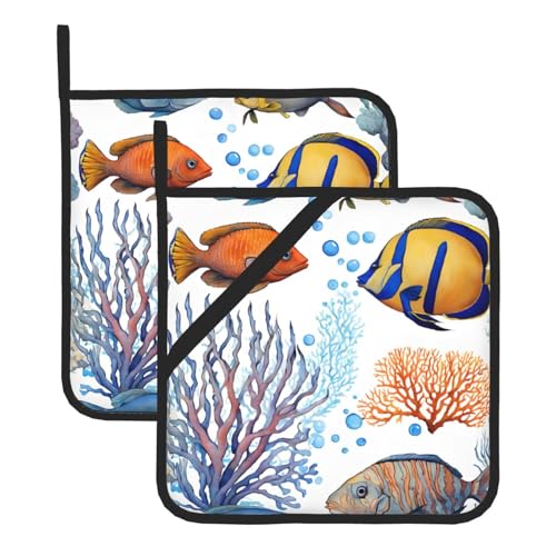 Color Fish in the Sea Topflappen-Set, hitzebeständige und wasserdichte Küchenhandschuhe mit Aufbewahrungsseil für Mikrowelle, Herd und Grillen im Freien von ZWLPNZZD