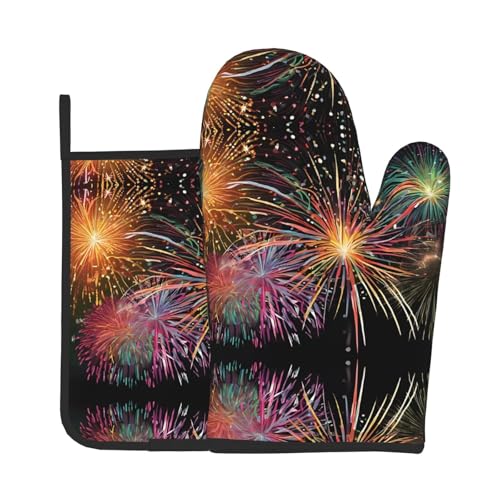 Explosion Firework Ofenhandschuhe und Topflappen, 3D-Druck, wasserdichte Küchenhandschuhe mit Aufbewahrungsseil für Mikrowelle, Herd und Grillen im Freien von ZWLPNZZD