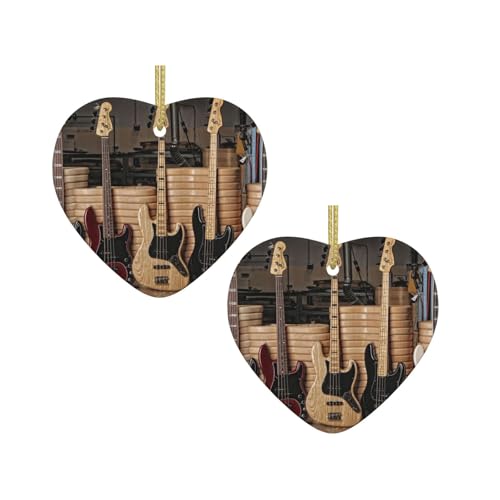 Gitarre Bass Musik Instrumente Druck Weihnachten Keramik hängende Herzform Ornamente für Weihnachtsbaum, Kamin, Treppenhaus, Wohnzimmer, Schneemann Dekoration von ZWLPNZZD