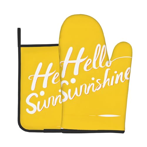 Goodlooking Hello Print Ofenhandschuhe und Topflappen-Set, wasserdichte Küchenhandschuhe mit Aufbewahrungsseil für Mikrowelle, Herd und Grillen im Freien von ZWLPNZZD