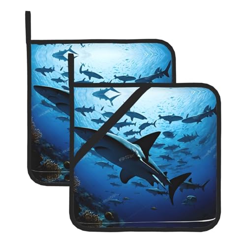 Hammerhead Topflappen-Sets mit Hai-Aufdruck, hitzebeständig und wasserdicht, Küchenhandschuhe mit Aufbewahrungsseil für Mikrowelle, Herd und Grillen im Freien von ZWLPNZZD