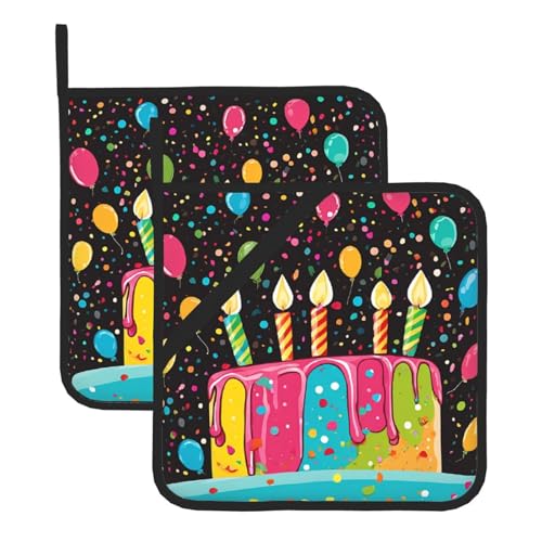 Happy Birthday Big Cake Print Topflappen-Set, hitzebeständig und wasserdicht, Küchenhandschuhe mit Aufbewahrungsseil für Mikrowelle, Herd und Grillen im Freien von ZWLPNZZD