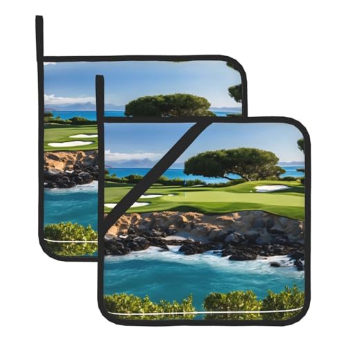 Hawaii Beach Golfplatz-Druck, Topflappen-Set, hitzebeständig und wasserdicht, Küchenhandschuhe mit Aufbewahrungsseil für Mikrowelle, Herd und Grillen im Freien von ZWLPNZZD