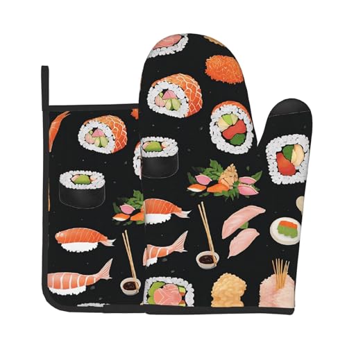 Japanische Sushi-Ofenhandschuhe und Topflappen-Set, wasserdicht, Küchenhandschuhe mit Aufbewahrungsseil für Mikrowelle, Herd und Grillen im Freien von ZWLPNZZD