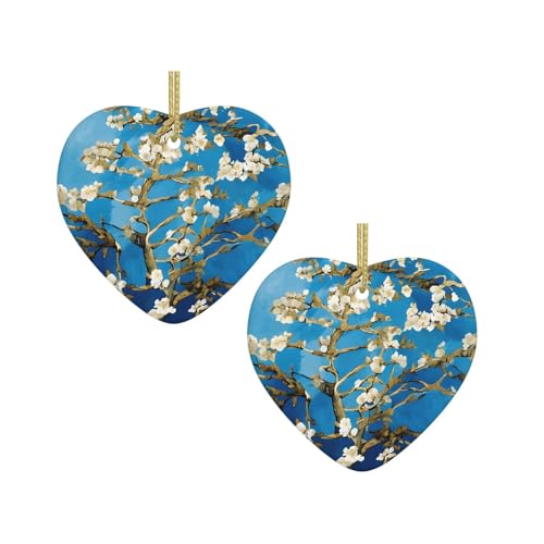 Japanischer Kirschblumen-Druck, Keramik, hängende Herzform, Ornamente für Weihnachtsbaum, Kamin, Treppe, Wohnzimmer, Schneemann-Dekoration. von ZWLPNZZD