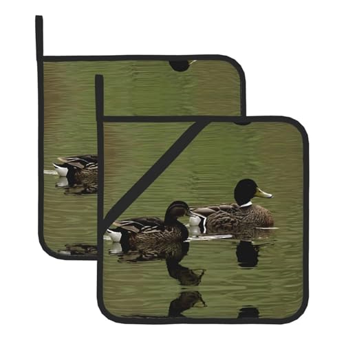 Loon Nature Topflappen-Sets mit Vogeldruck, hitzebeständige und wasserdichte Küchenhandschuhe mit Aufbewahrungsseil für Mikrowelle, Herd und Grillen im Freien von ZWLPNZZD