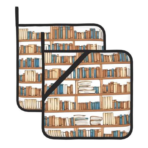 Lustige Bücherregal-Kollektion und Leiteraufdruck, Topflappen-Set, hitzebeständig und wasserdicht, Küchenhandschuhe mit Aufbewahrungsseil für Mikrowelle, Herd und Grillen im Freien von ZWLPNZZD