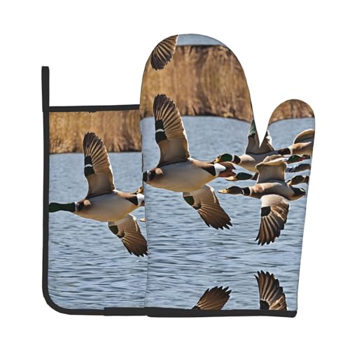 Mallard Ofenhandschuhe und Topflappen-Set, wasserdicht, mit Aufbewahrungsseil, für Mikrowelle, Herd und Grillen im Freien von ZWLPNZZD