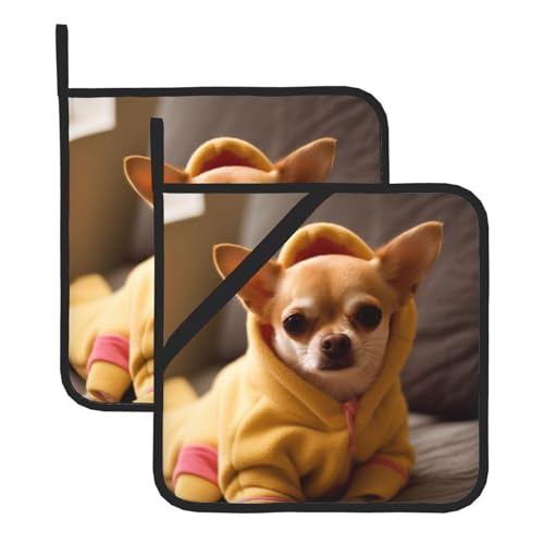 Niedliche Topflappen-Sets mit Chihuahua-Druck, hitzebeständig und wasserdicht, Küchenhandschuhe mit Aufbewahrungsseil für Mikrowelle, Herd und Grillen im Freien von ZWLPNZZD