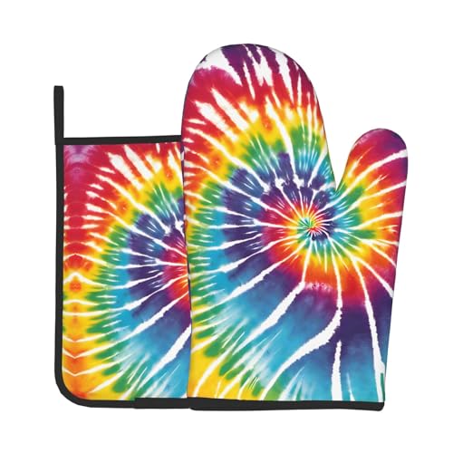 Ofenhandschuhe und Topflappen, Batikfärbung, Regenbogen-Druck, wasserdichte Küchenhandschuhe mit Aufbewahrungsseil für Mikrowelle, Herd und Grillen im Freien von ZWLPNZZD