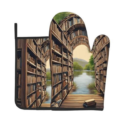 Ofenhandschuhe und Topflappen, Bücherregal, bedruckt, wasserdicht, Küchenhandschuhe mit Aufbewahrungsseil für Mikrowelle, Herd und Grillen im Freien von ZWLPNZZD