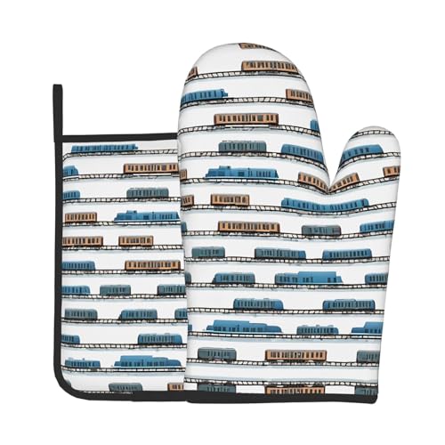 Ofenhandschuhe und Topflappen, Monorail-Zug-Druck, wasserdichte Küchenhandschuhe mit Aufbewahrungsseil für Mikrowelle, Herd und Grillen im Freien von ZWLPNZZD