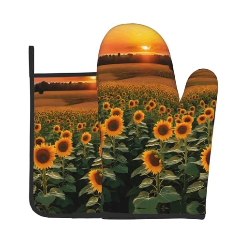Ofenhandschuhe und Topflappen, Motiv: Bauernhof, Sonnenblumen-Druck, wasserdichte Küchenhandschuhe mit Aufbewahrungsseil für Mikrowelle, Herd und Grillen im Freien von ZWLPNZZD