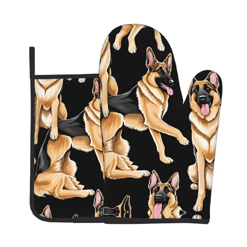 Ofenhandschuhe und Topflappen, Motiv: Deutscher Schäferhund, wasserdichte Küchenhandschuhe mit Aufbewahrungsseil für Mikrowelle, Herd und Grillen im Freien von ZWLPNZZD