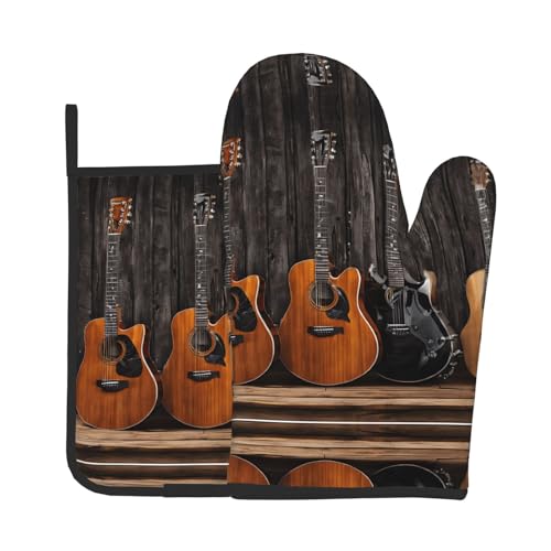 Ofenhandschuhe und Topflappen, Motiv: Gitarre, Bass, Musik, Musikinstrumente, wasserdicht, Küchenhandschuhe mit Aufbewahrungsseil für Mikrowelle, Herd und Grillen im Freien von ZWLPNZZD