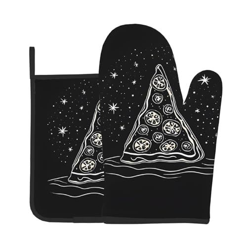Ofenhandschuhe und Topflappen, Pizza-Aufdruck, wasserdichte Küchenhandschuhe mit Aufbewahrungsseil für Mikrowelle, Herd und Grillen im Freien von ZWLPNZZD