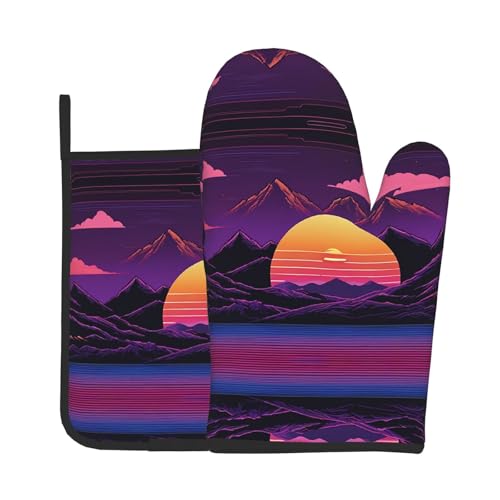 Ofenhandschuhe und Topflappen, Retrowave-Bilder, wasserfest, Küchenhandschuhe mit Aufbewahrungsseil für Mikrowelle, Herd und Grillen im Freien von ZWLPNZZD