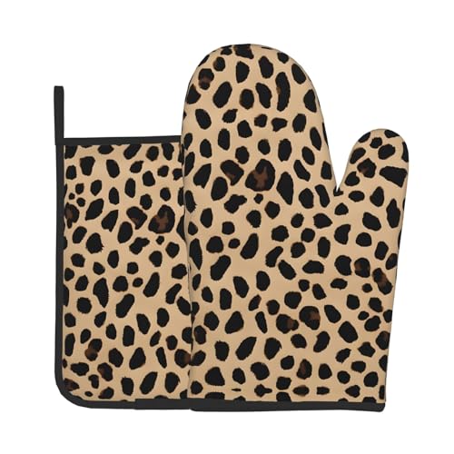 Ofenhandschuhe und Topflappen, Set mit gelbem Leopardenmuster, wasserdichte Küchenhandschuhe mit Aufbewahrungsseil für Mikrowelle, Herd und Grillen im Freien von ZWLPNZZD