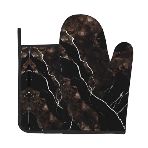 Ofenhandschuhe und Topflappen, Set mit schwarzem Roségold-Marmor-Druck, wasserdichte Küchenhandschuhe mit Aufbewahrungsseil für Mikrowelle, Herd und Grillen im Freien von ZWLPNZZD