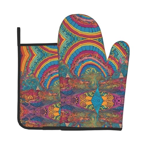 Ofenhandschuhe und Topflappen, abstraktes Pilz, buntes Mandala-Druck, wasserdichte Küchenhandschuhe mit Aufbewahrungsseil für Mikrowelle, Herd und Grillen im Freien von ZWLPNZZD