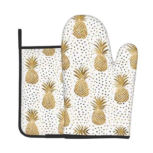 Ofenhandschuhe und Topflappen, goldfarben, glitzernd, Ananas, Obstdruck, wasserdichte Küchenhandschuhe mit Aufbewahrungsseil für Mikrowelle, Herd und Grillen im Freien von ZWLPNZZD