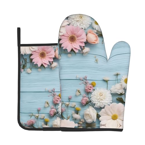 Ofenhandschuhe und Topflappen-Set, wasserdicht, mit Aufbewahrungsseil, für Mikrowelle, Herd und Grillen im Freien, Blaugrün von ZWLPNZZD