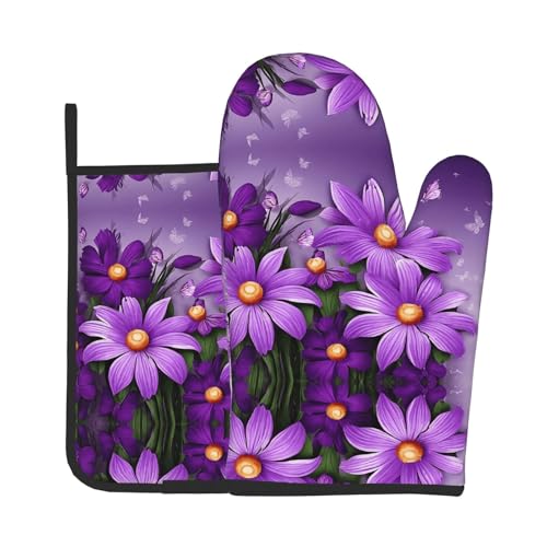 Ofenhandschuhe und Topflappen-Set, wasserdicht, mit Aufbewahrungsseil, für Mikrowelle, Herd und Grillen im Freien, Lila Pflaume von ZWLPNZZD