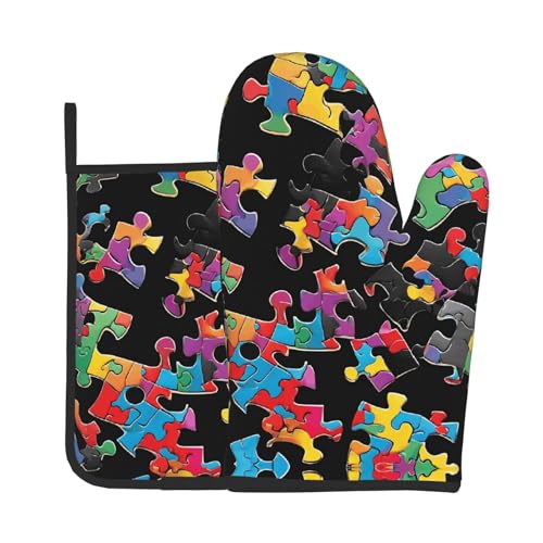 Ofenhandschuhe und Topflappen mit Autismus-Bewusstseins-Puzzleteilen, Herzdruck, wasserdichte Küchenhandschuhe mit Aufbewahrungsseil für Mikrowelle, Herd und Grillen im Freien von ZWLPNZZD