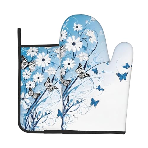 Ofenhandschuhe und Topflappen mit Blumen- und Schmetterlings-Druck, wasserdichte Küchenhandschuhe mit Aufbewahrungsseil für Mikrowelle, Herd und Grillen im Freien von ZWLPNZZD