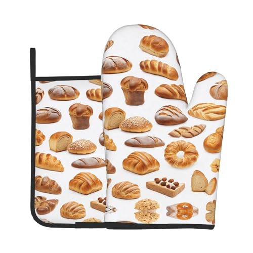 Ofenhandschuhe und Topflappen mit Brotaufdruck, wasserdicht, Küchenhandschuhe mit Aufbewahrungsseil für Mikrowelle, Herd und Grillen im Freien von ZWLPNZZD