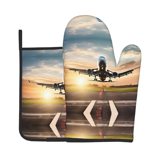 Ofenhandschuhe und Topflappen mit Flugzeugdruck, wasserdichte Küchenhandschuhe mit Aufbewahrungsseil für Mikrowelle, Herd und Grillen im Freien von ZWLPNZZD