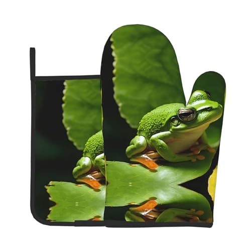 Ofenhandschuhe und Topflappen mit Frosch- und Regenaufdruck, wasserdichte Küchenhandschuhe mit Aufbewahrungsseil für Mikrowelle, Herd und Grillen im Freien von ZWLPNZZD