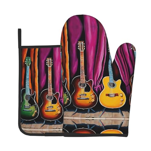 Ofenhandschuhe und Topflappen mit Gitarrensammlung, bedruckt, wasserdichte Küchenhandschuhe mit Aufbewahrungsseil für Mikrowelle, Herd und Grillen im Freien von ZWLPNZZD