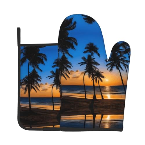 Ofenhandschuhe und Topflappen mit Hawaii-Strand-Druck, wasserdichte Küchenhandschuhe mit Aufbewahrungsseil für Mikrowelle, Herd und Grillen im Freien von ZWLPNZZD