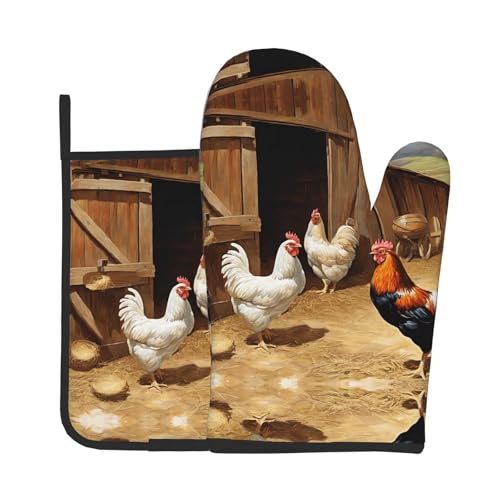 Ofenhandschuhe und Topflappen mit Huhn- und Hahn-Aufdruck, wasserdichte Küchenhandschuhe mit Aufbewahrungsseil für Mikrowelle, Herd und Grillen im Freien von ZWLPNZZD