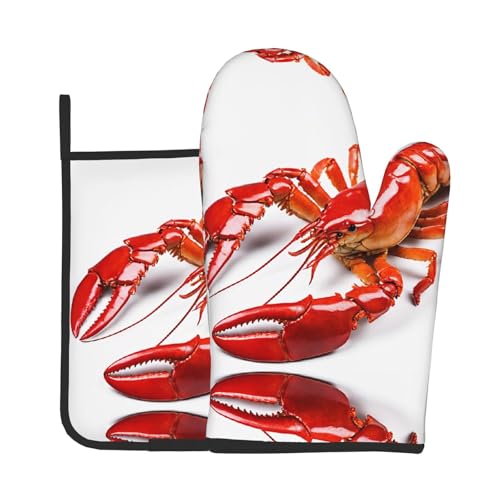Ofenhandschuhe und Topflappen mit Hummer-Druck, wasserdichte Küchenhandschuhe mit Aufbewahrungsseil für Mikrowelle, Herd und Grillen im Freien von ZWLPNZZD