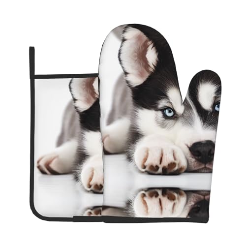 Ofenhandschuhe und Topflappen mit Husky-Hunde-Aufdruck, wasserdichte Küchenhandschuhe mit Aufbewahrungsseil für Mikrowelle, Herd und Grillen im Freien von ZWLPNZZD