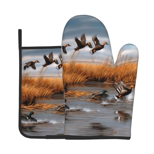 Ofenhandschuhe und Topflappen mit Jagd-Motiv "fliegende Wildente", wasserdichte Küchenhandschuhe mit Aufbewahrungsseil für Mikrowelle, Herd und Grillen im Freien von ZWLPNZZD