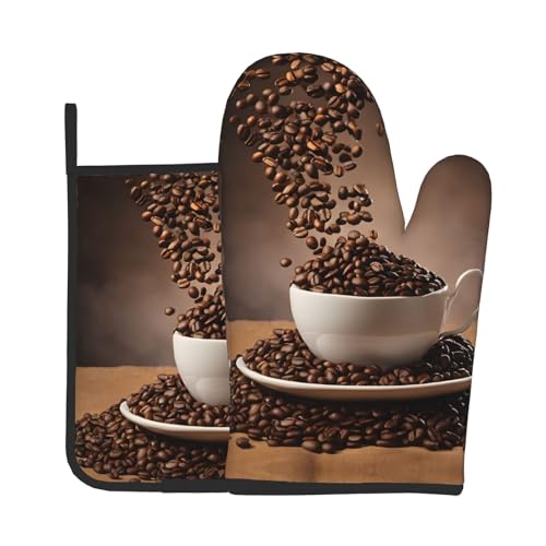 Ofenhandschuhe und Topflappen mit Kaffeebohnen-Druck, wasserdichte Küchenhandschuhe mit Aufbewahrungsseil für Mikrowelle, Herd und Grillen im Freien von ZWLPNZZD