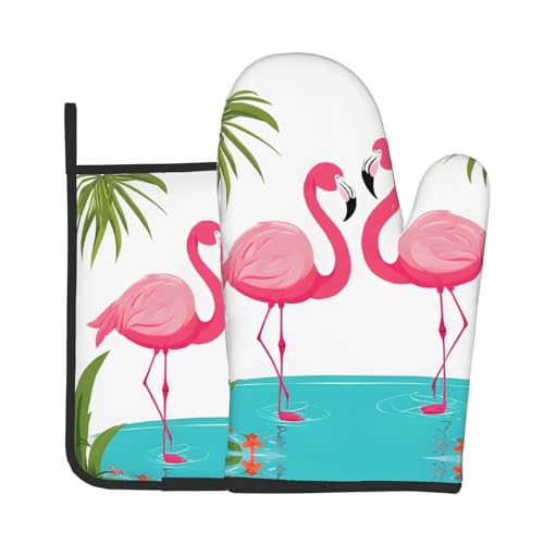Ofenhandschuhe und Topflappen mit Palmblatt- und Flamingo-Paar-Druck, wasserdichte Küchenhandschuhe mit Aufbewahrungsseil für Mikrowelle, Herd und Grillen im Freien von ZWLPNZZD