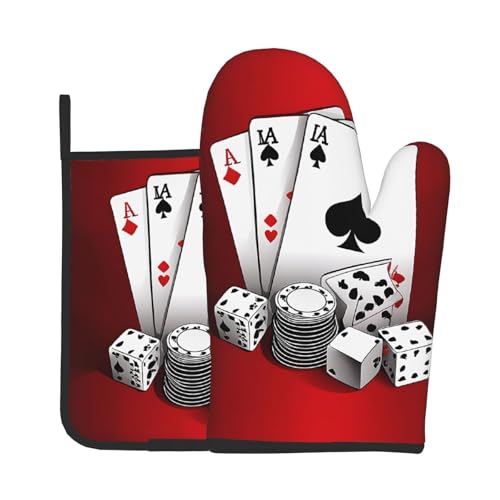 Ofenhandschuhe und Topflappen mit Pokerturnier-Druck, wasserdichte Küchenhandschuhe mit Aufbewahrungsseil für Mikrowelle, Herd und Grillen im Freien von ZWLPNZZD