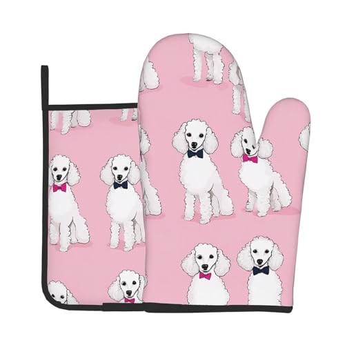 Ofenhandschuhe und Topflappen mit Pudel-Motiv, wasserdichte Küchenhandschuhe mit Aufbewahrungsseil für Mikrowelle, Herd und Grillen im Freien von ZWLPNZZD